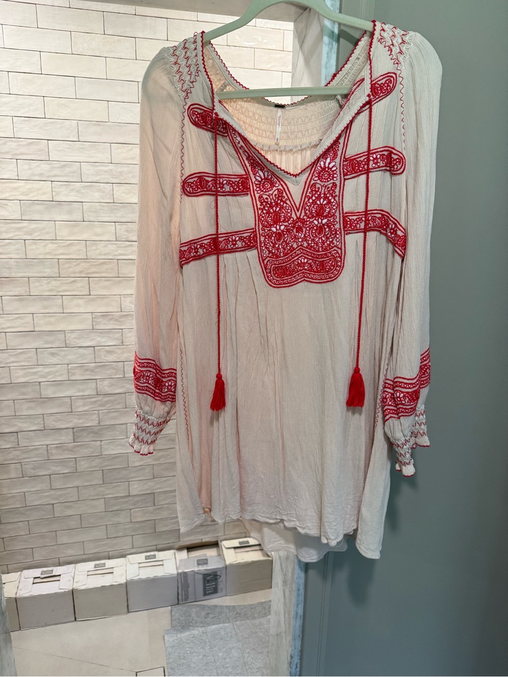 Free People Cream Boho Tunic with Red Embroidery and Tassels